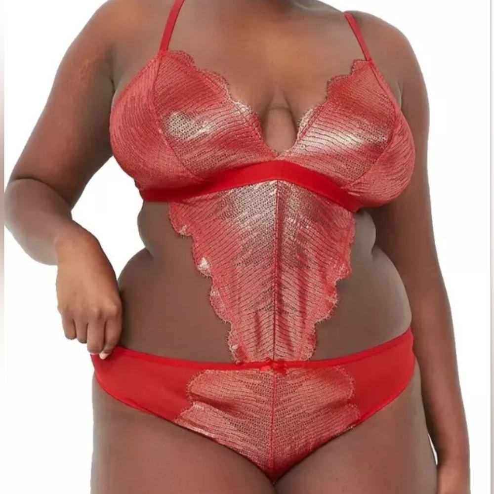 NWT Cacique Lingerie Bodysuit Teddy One Piece Red Metallic 26/28